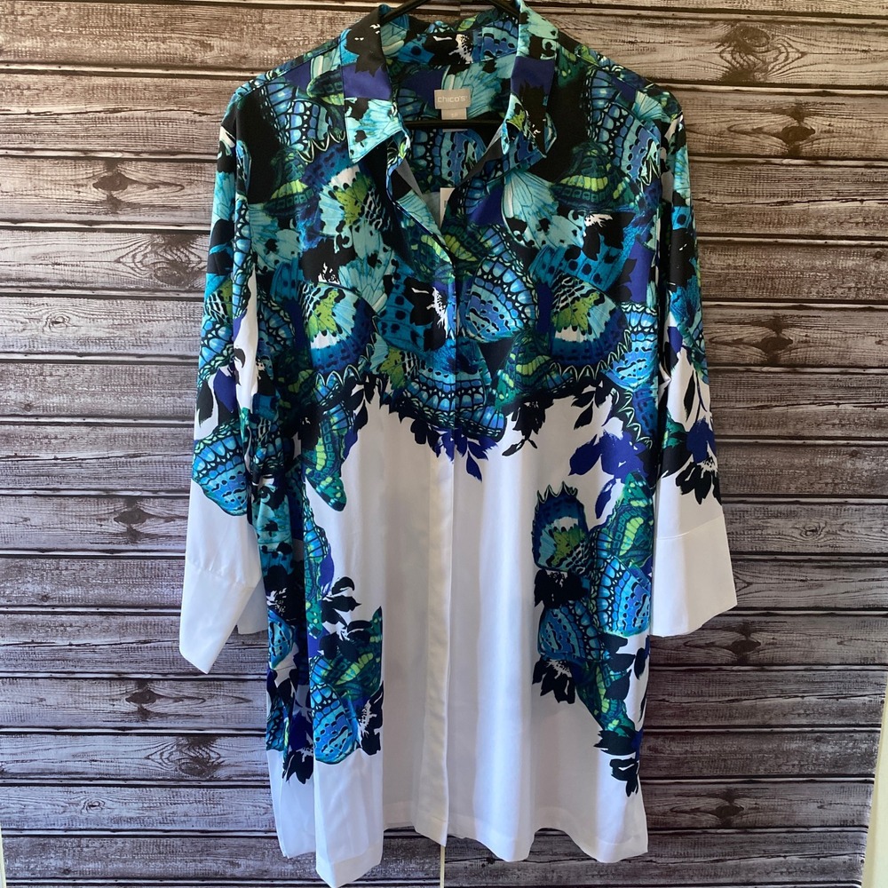Chico's Women's Long-Sleeved Button-Down Tunic‎ Top Size LP White Butterfly NWT